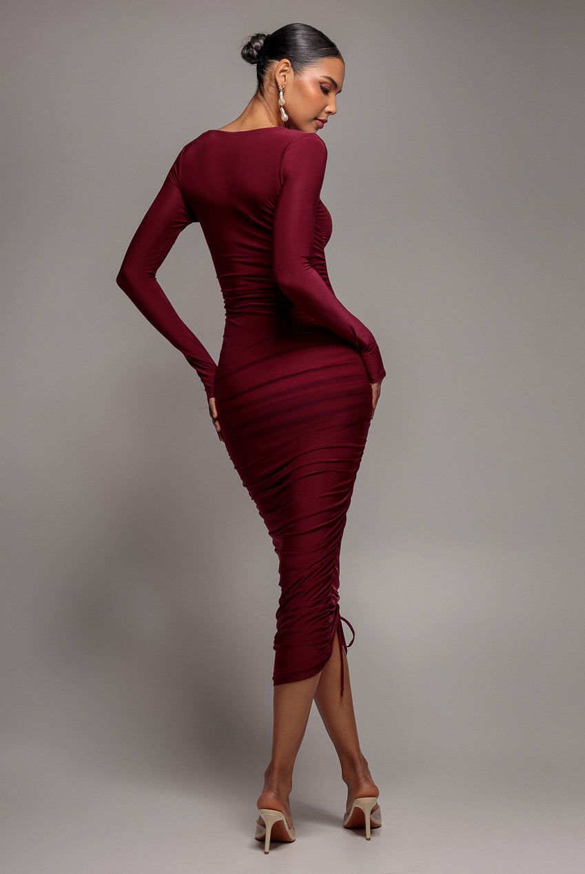 Goddiva Asymmetrical Neck Ruched Midi Dress