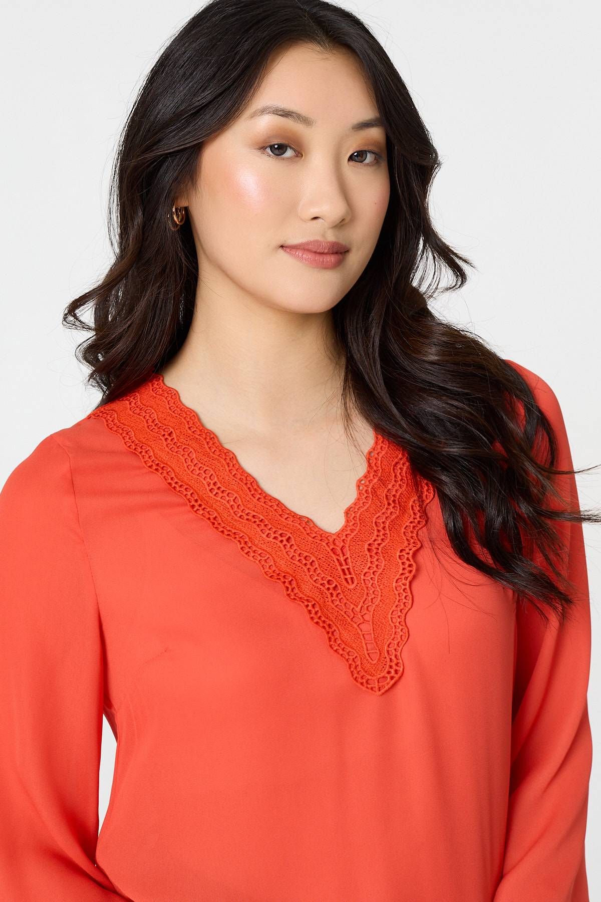 Izabel London Lace Trim 3/4 Flare Sleeve Blouse