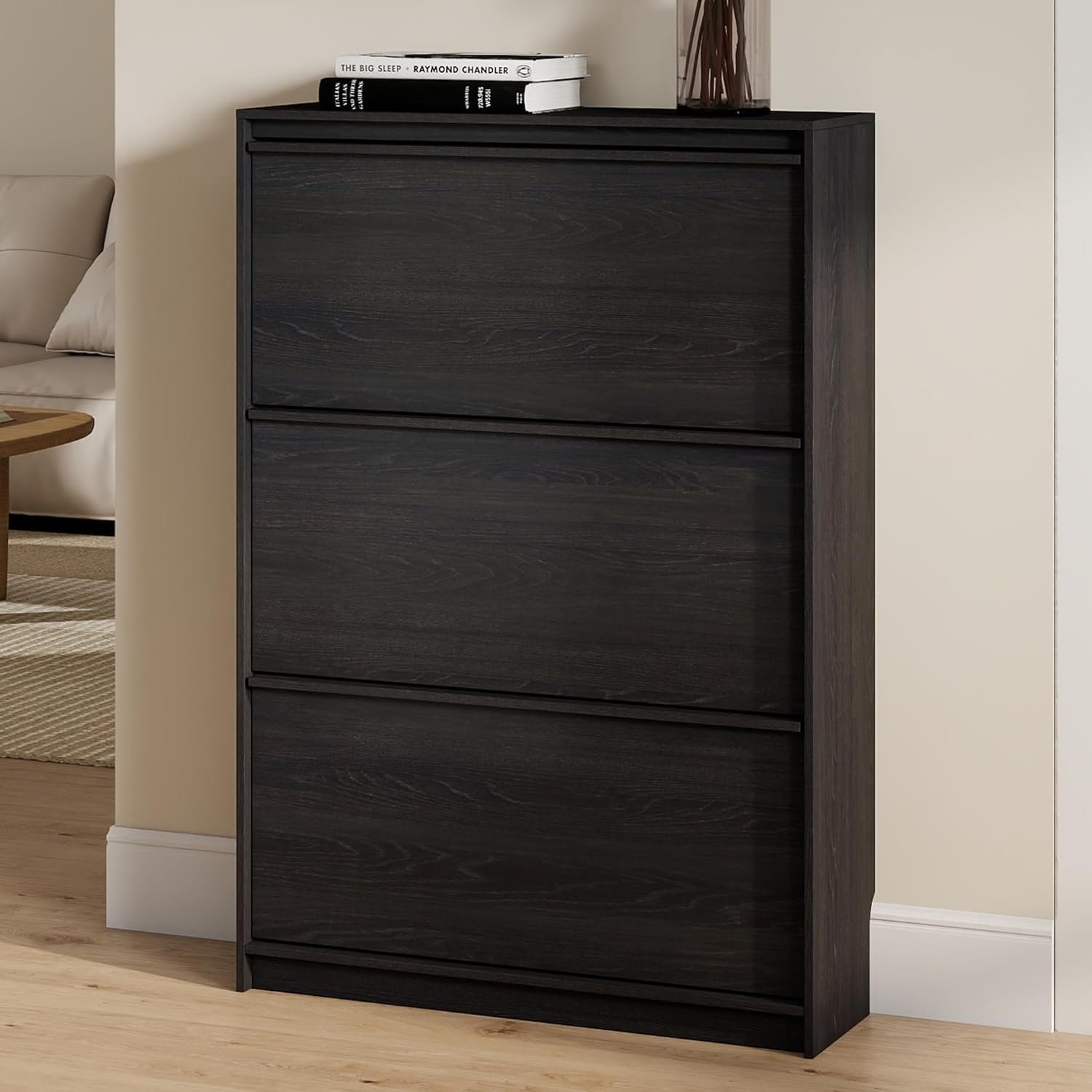 Shoe Cabinet with 3 Flip Drawers, 31.5 W Narrow Shoe Storage Cabinet for Entryway, Slim Shoe Organizer with Adjustable Shelves, Freestanding Shoe Rack for Hallway, Living Room, Black