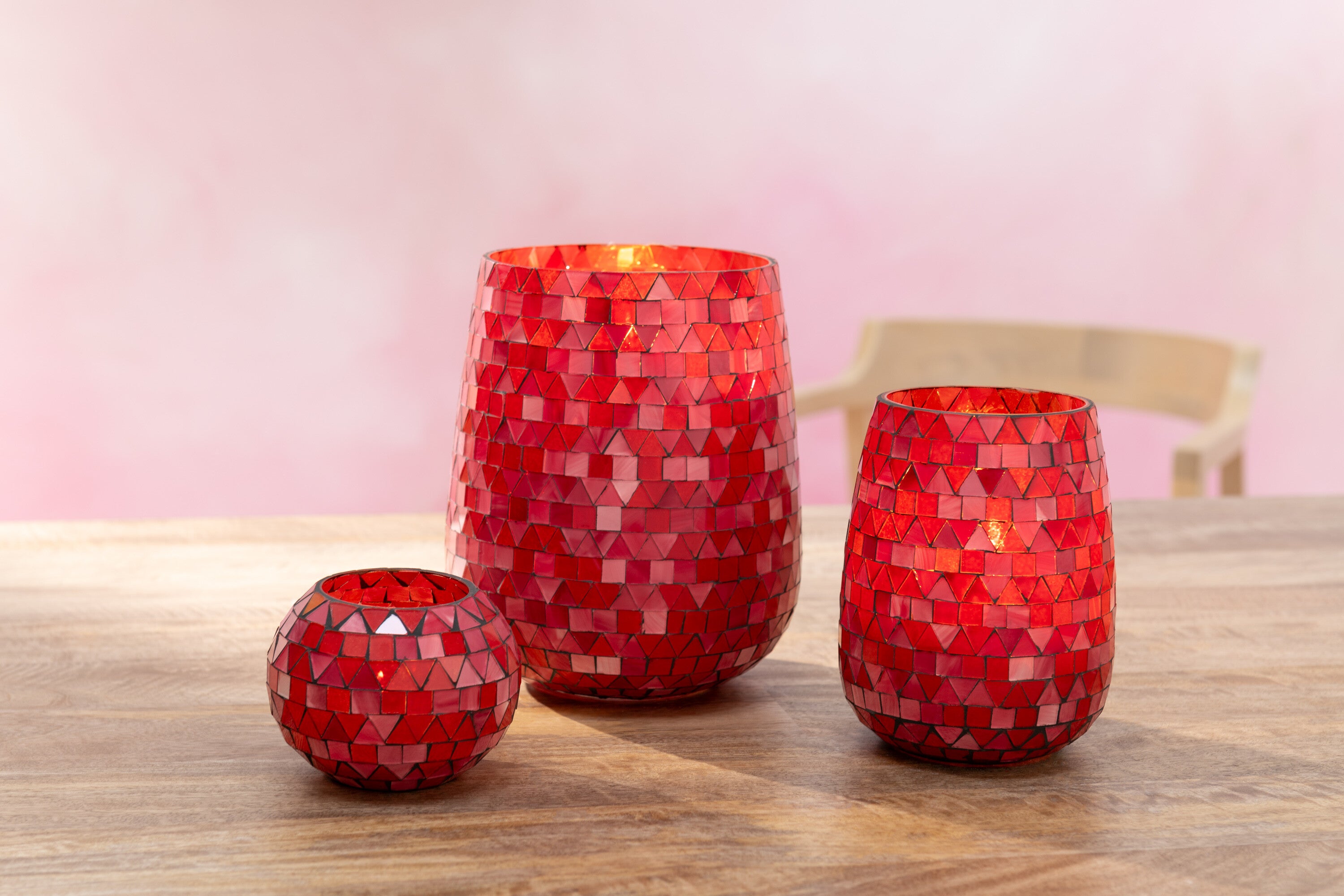 J-Line windlicht Mozaiek Driehoek - glas - rood/roze - small