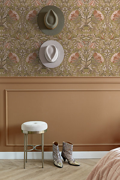 ESTAhome papier peint fleurs vintage de style art nouveau or et rose terracotta 53 cm x 10.05 m