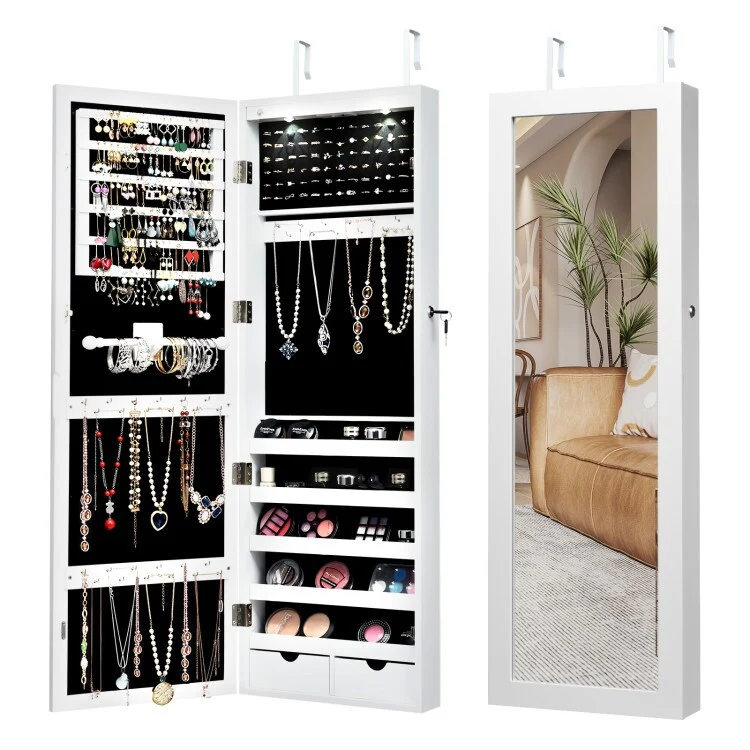 Lockable Wall Mount Mirrored Jewelry Cabinet with LED Lights - White - 14.6 x 3.8 x 43.3 (L x W x H)