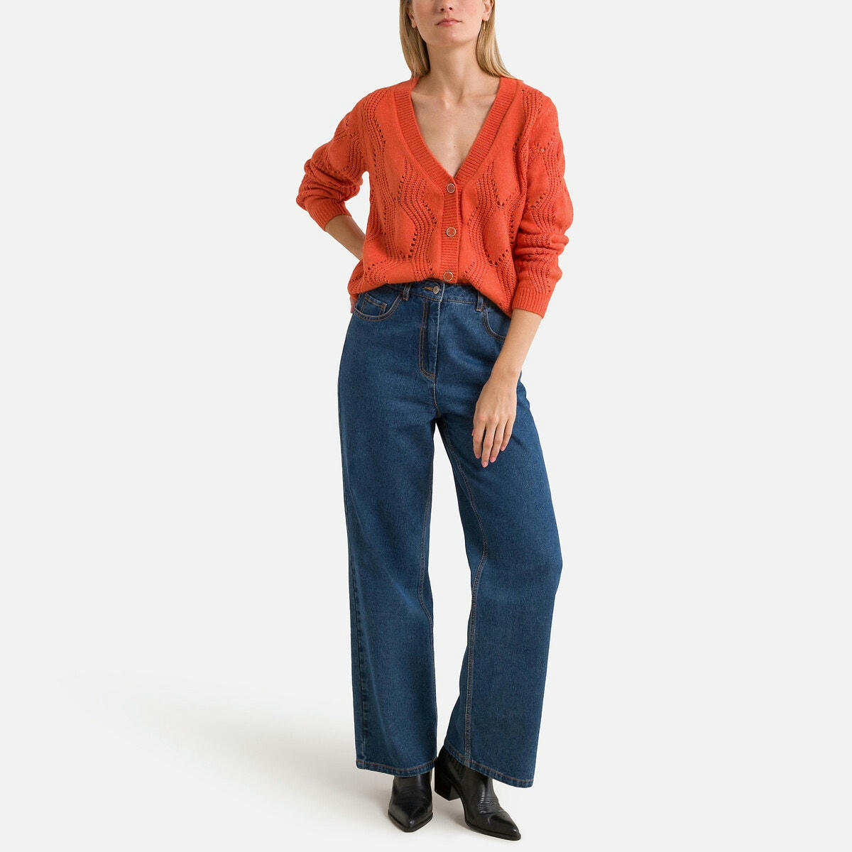 Gilet col v, maille ajourée
