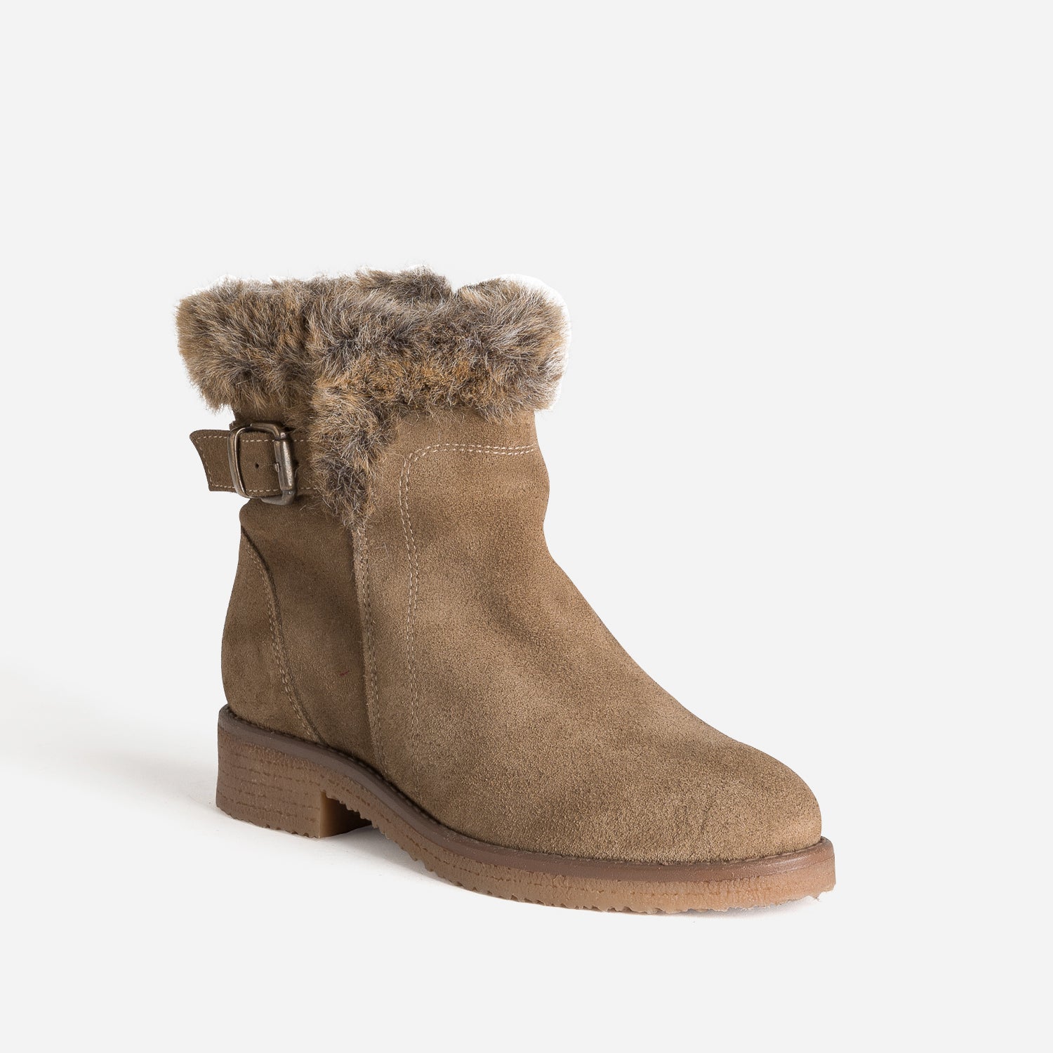 Boots taupe cuir velours bride et tige fourrée