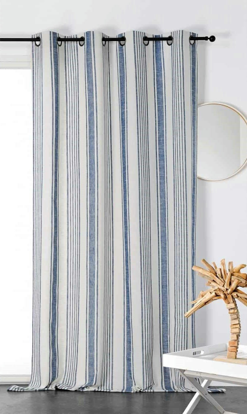 - Rideau rayé toile à matelas bleu