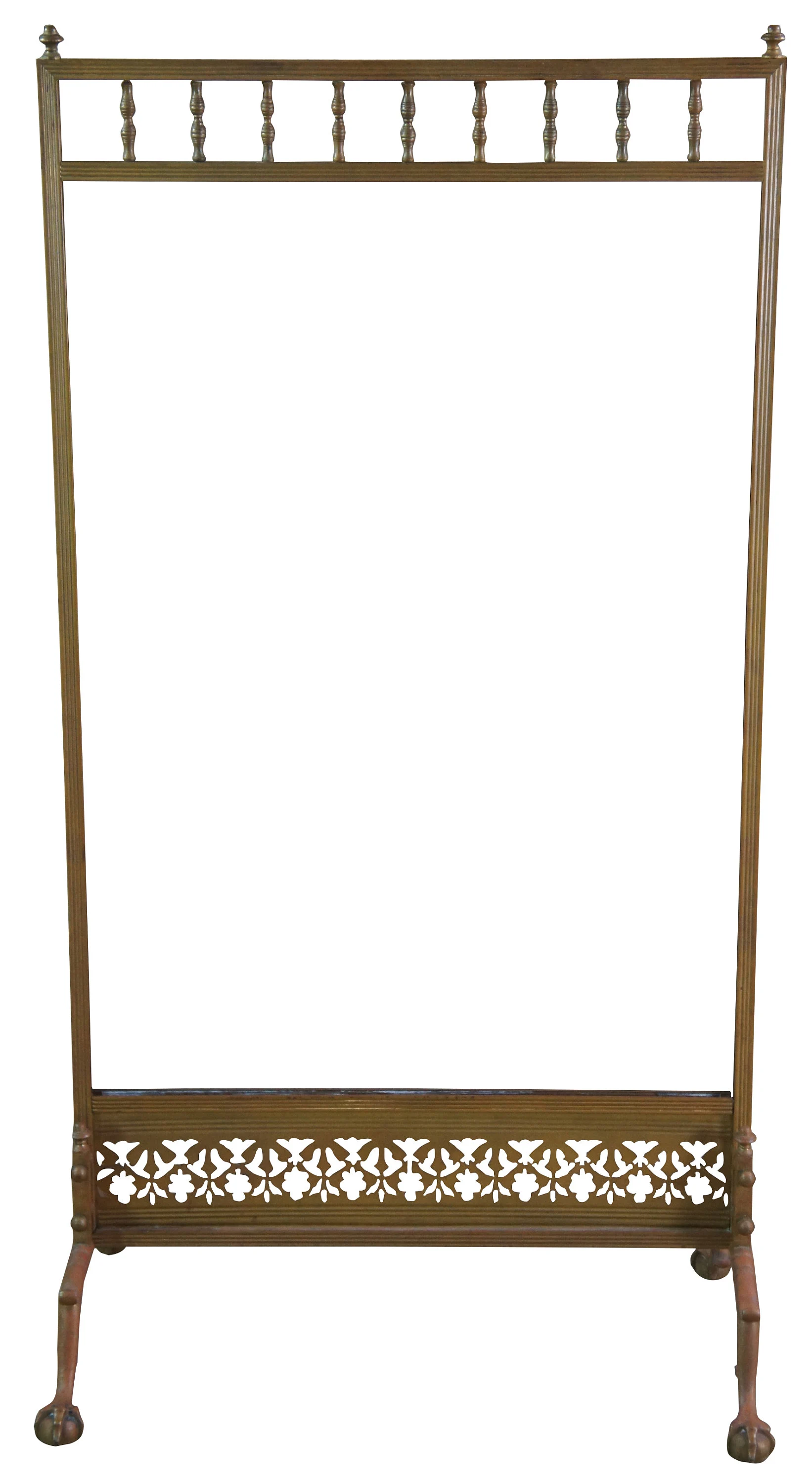 Antique English Brass Tapesty Fireplace Screen Ball & Claw Hearthware Guard 46