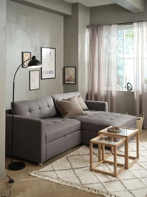 Sovesofa chaiselong TEGLHUSE gråt stof