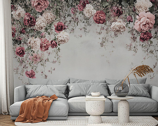 Papier Peint Panoramique Intissé Fleurs Floral Béton 400x280 cm - Colle Inclus - Moderne Papier Peint Intissé Chambre Salon