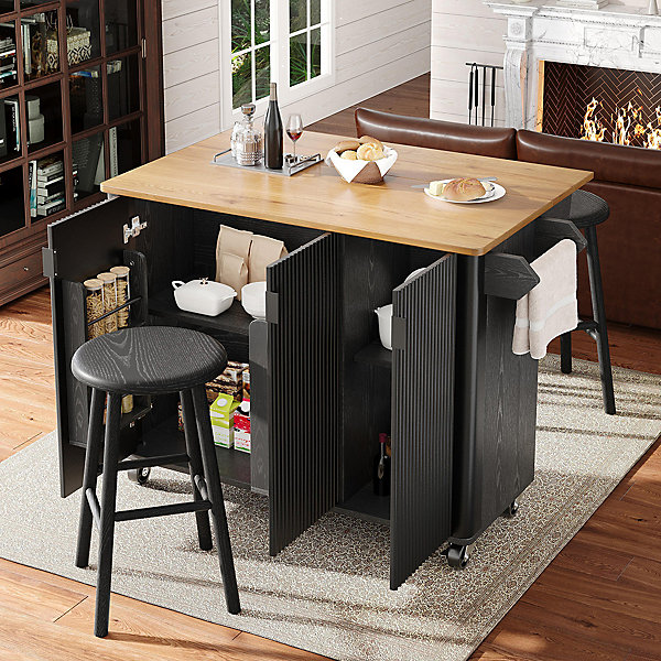 Îlot cuisine extensible 130x45x92 cm, veinage bois, 3 portes, étagères réglables - blanc/noir