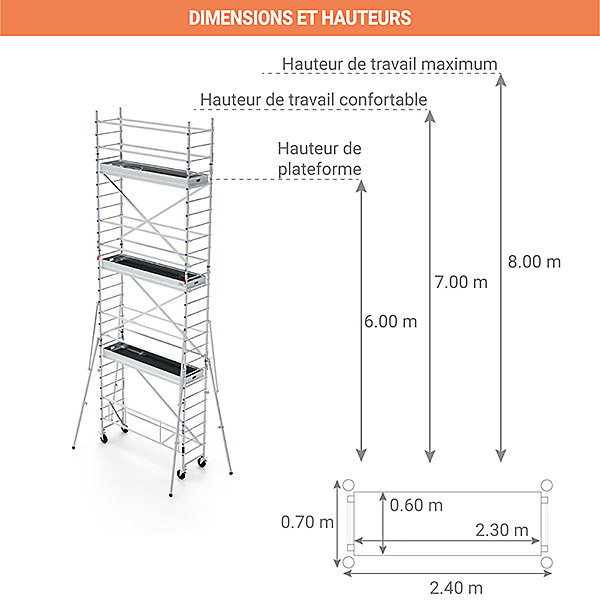 Echafaudage roulant aluminium - Hauteur de travail max 8.00m - TOS624L
