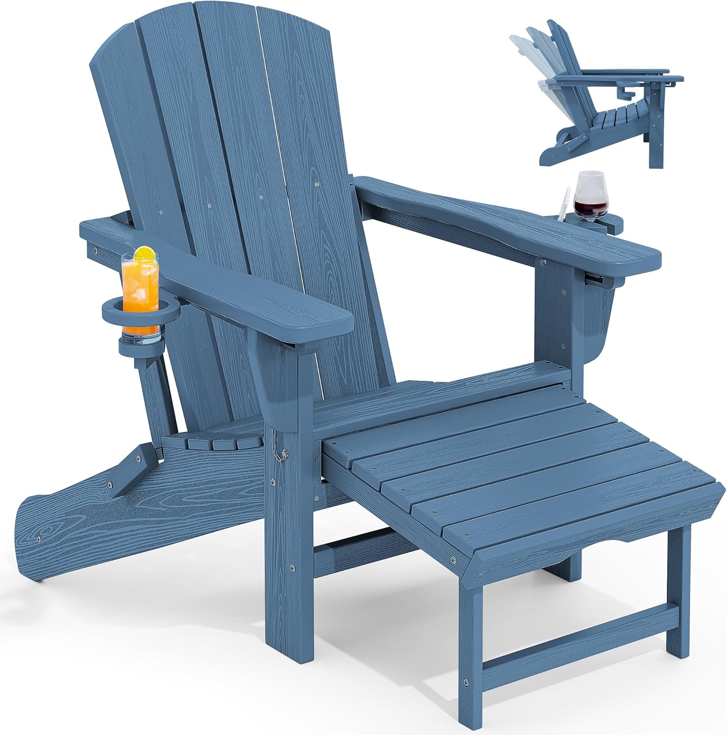 KINGYES Folding Adjustable Adirondack Chair with Retractable Ottoman  HDPE Recliner Adirondack Chair with Cup Holder  Blue