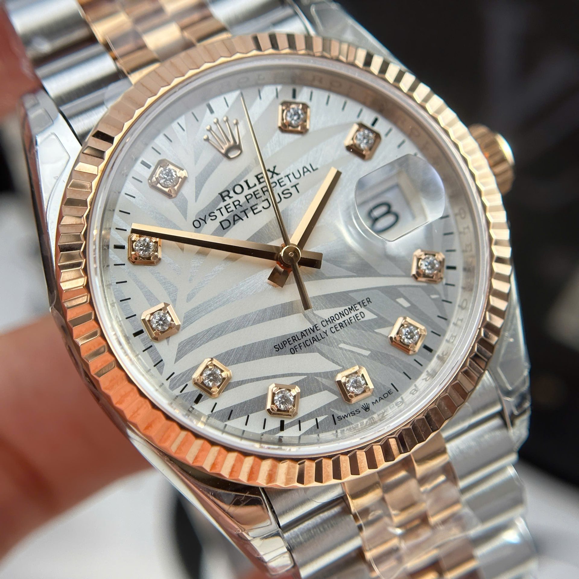 Rolex Datejust 126231 SS/RG Plated Silver Palm Dial CZ Diamonds 36mm Jub Super Clone