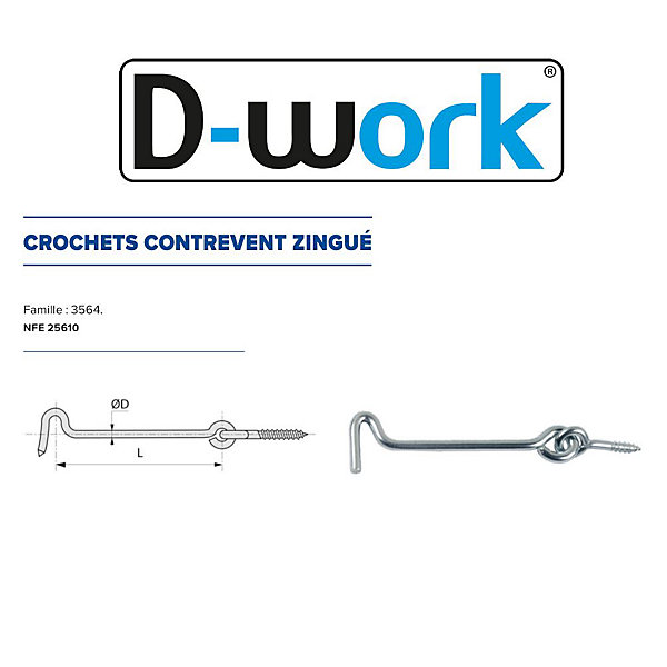 50 Crochets Contrevent 4 x 80 mm - NFE 25610 - Zingué blanc - D-Work