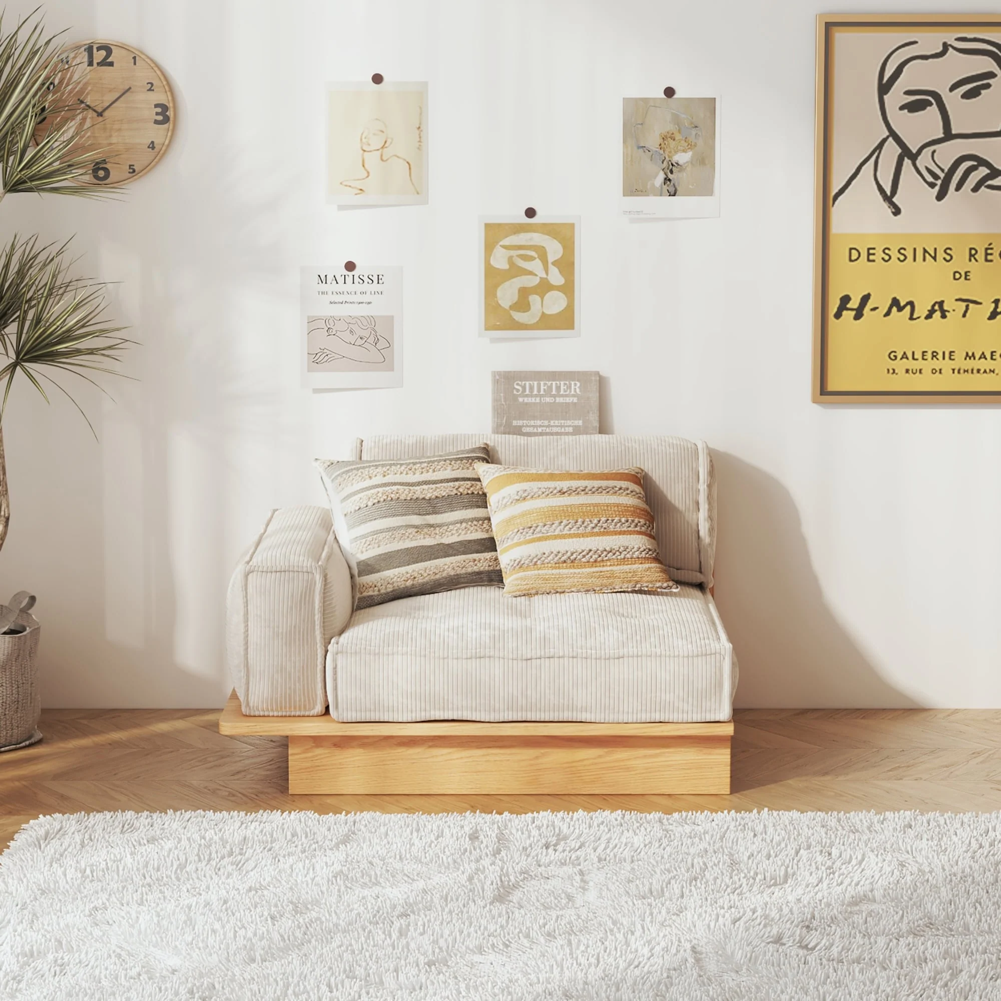 JASIWAY Corduroy Beige Sofa With Wood Frame