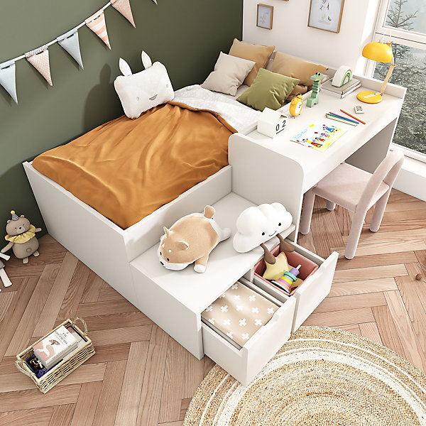 Lit enfant 90x200 cm - Lit simple avec bureau intégré et tiroirs de rangement - Bois massif, pin et MDF - Blanc - Sans matelas