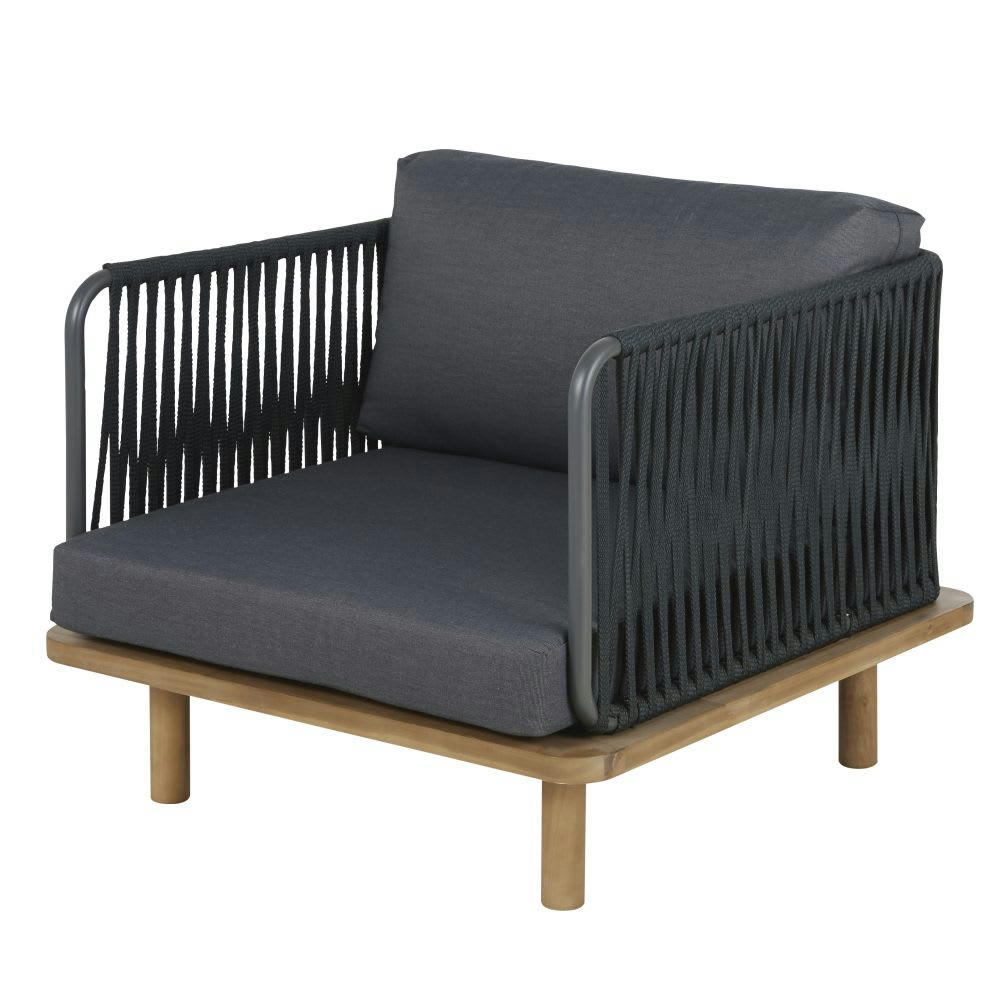 Amalfi - Fauteuil de jardin en corde tressée gris anthracite et bois d'acacia massif