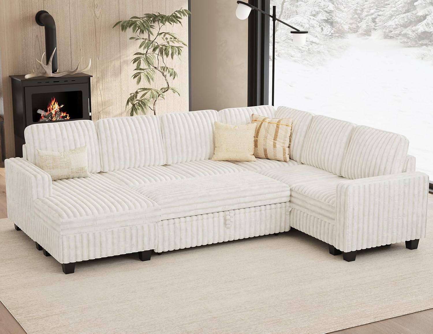 Belffin Corduroy Sleeper Sofa Bed with Storage Chaise Modular Sectional Sofa Couch with Pull Out Bed L Shaped Sectional Couches for Living Room Beige Couch
