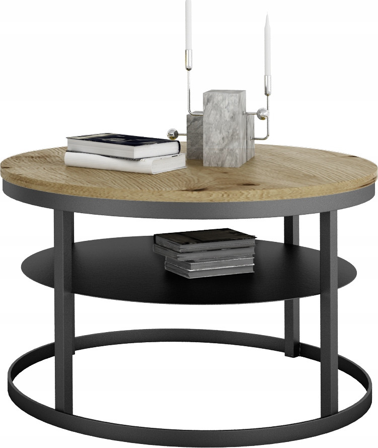 Okrągły Stolik Kawowy z Półką Do Salonu Loft Metal 75cm Czarny Dąb Artisan