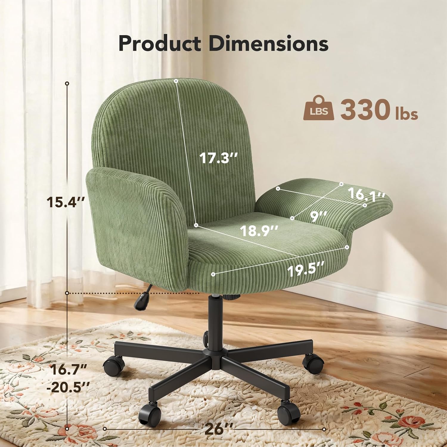 HUANUO Vanity Chair with 6-Position Adjustable Armrests, Criss Cross Chair with Wide Cushion, Soft Corduroy Fabric, 90°-105° Recline, Pet-Friendly, Perfect for Makeup Bedroom, Home Office, Light Green