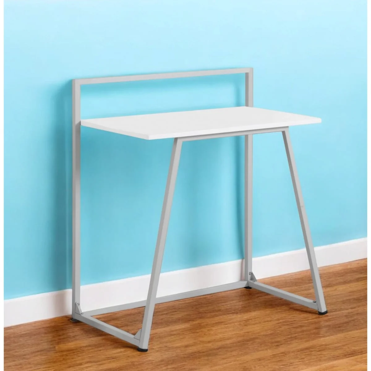 Small Rectangular Computer Desk with Metal Base Modern Glossy Finish White and Grey Wood