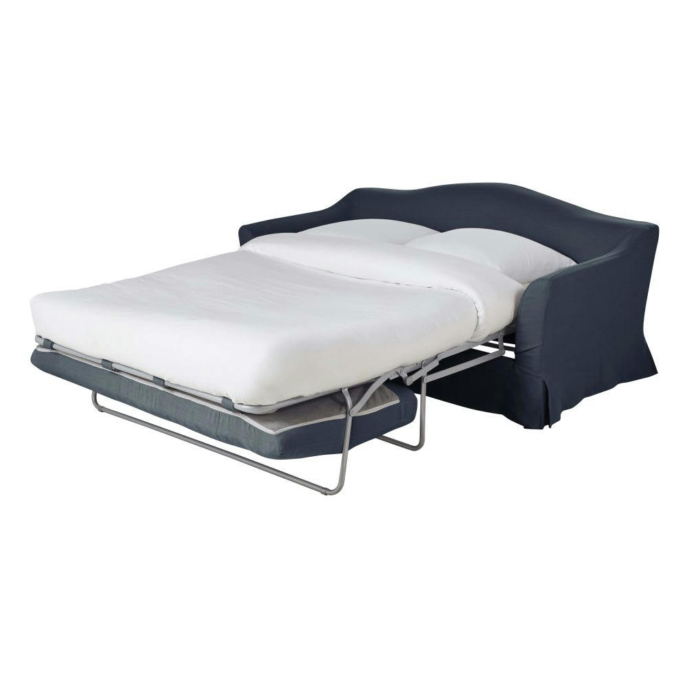 Anaelle - Canapé convertible 2 places en lin bleu nuit