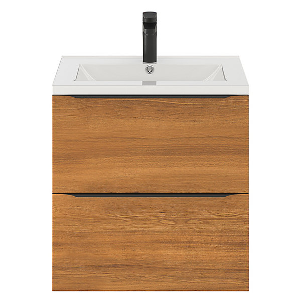 Meuble vasque suspendu effet noyer l.60 cm Imandra   plan vasque blanc céramique Nira, GoodHome