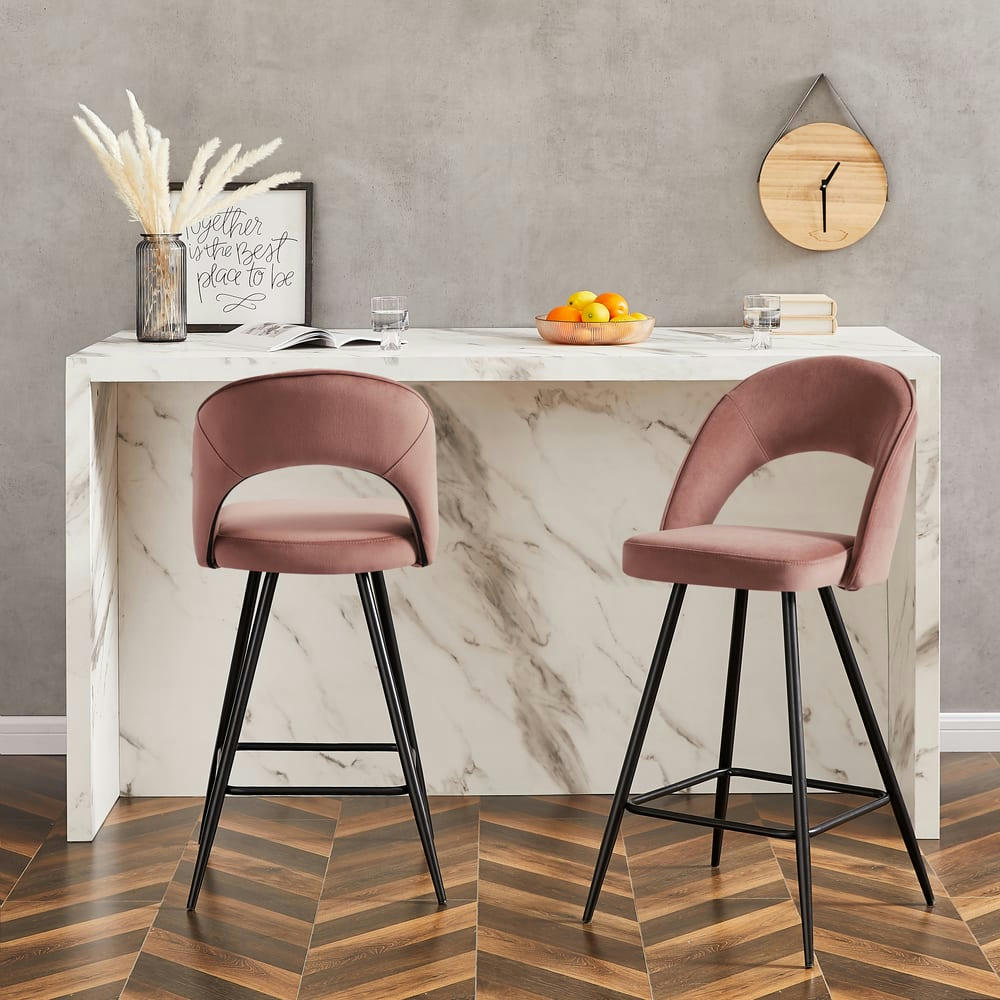 BASILE - Lot de 2 tabourets en velours vieux rose piètement noir