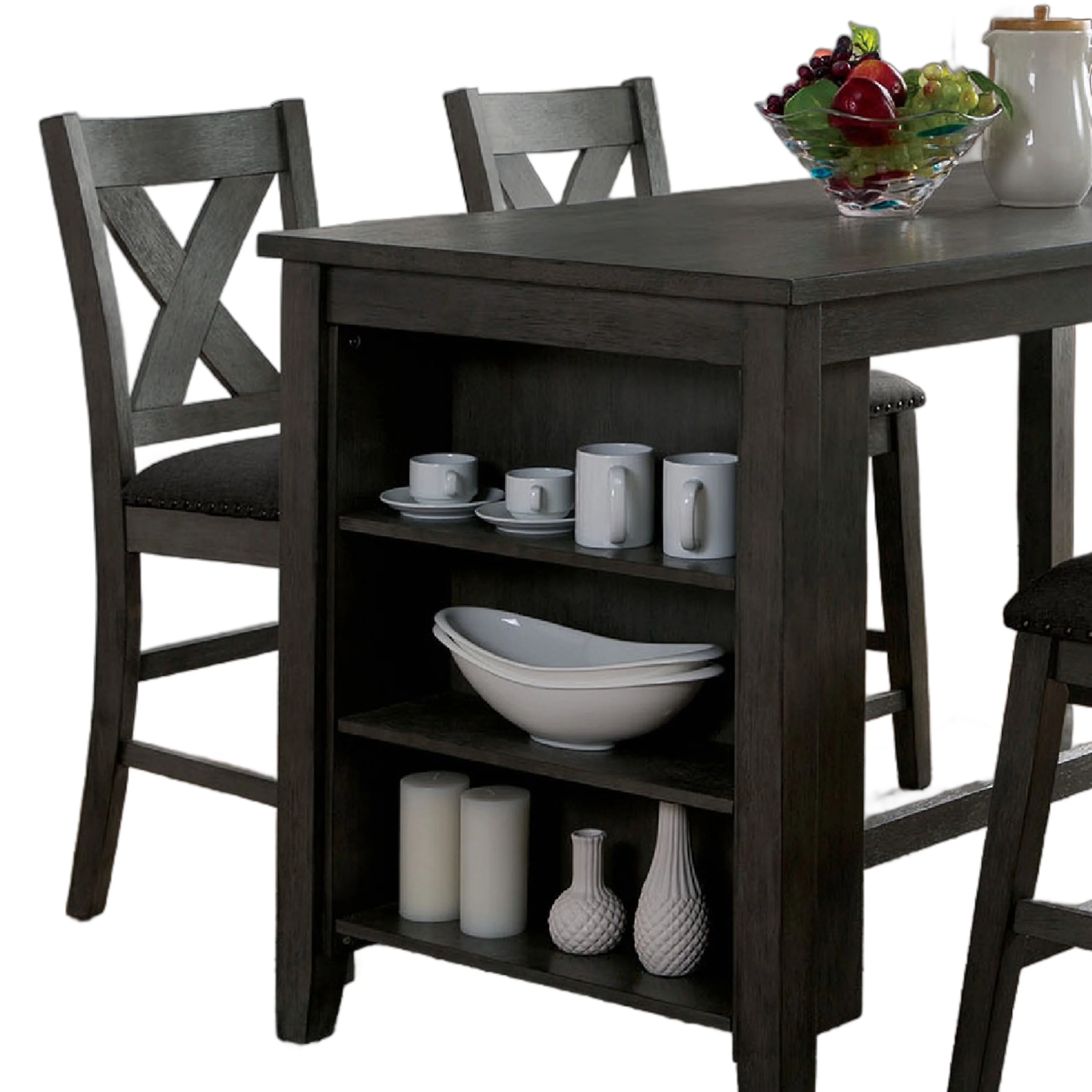 Liam 5pc Counter Height Table Set, Built-in Shelf, Gray Faux Leather