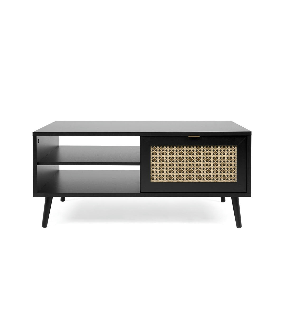 VILLA - Table basse 1 abattant 2 niches impression cannage et noir- L100 cm