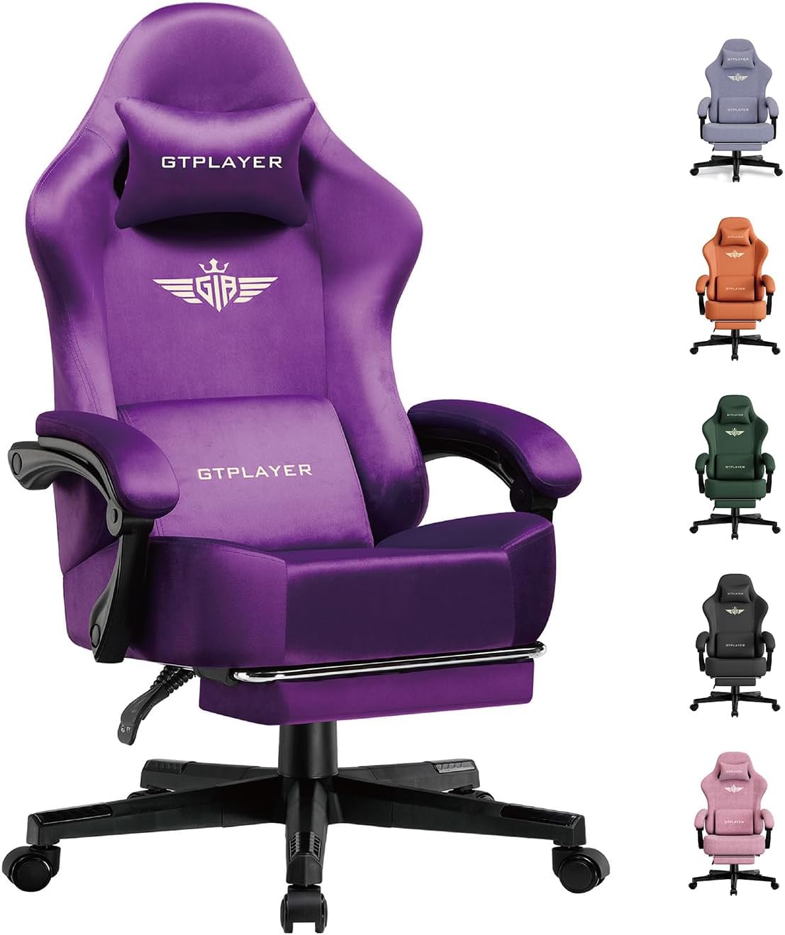 GTPLAYER Gaming Chair Fabric with Pocket Spring Cushion, High Back Ergonomic Computer Chair with Footrest for Adults Lumbar Support Swivel Game Chair for Office Gaming 350LBS, Dark Purple