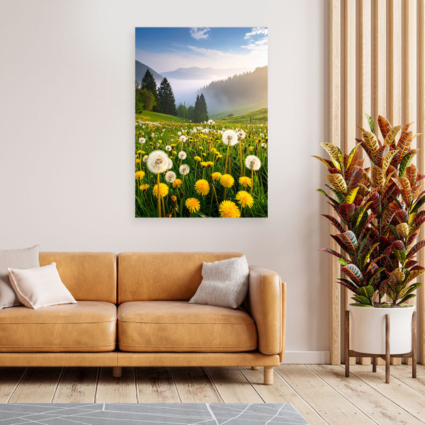Obraz do salonu sypialni biura, Łąka dmuchawce pejzaż górski 20x30