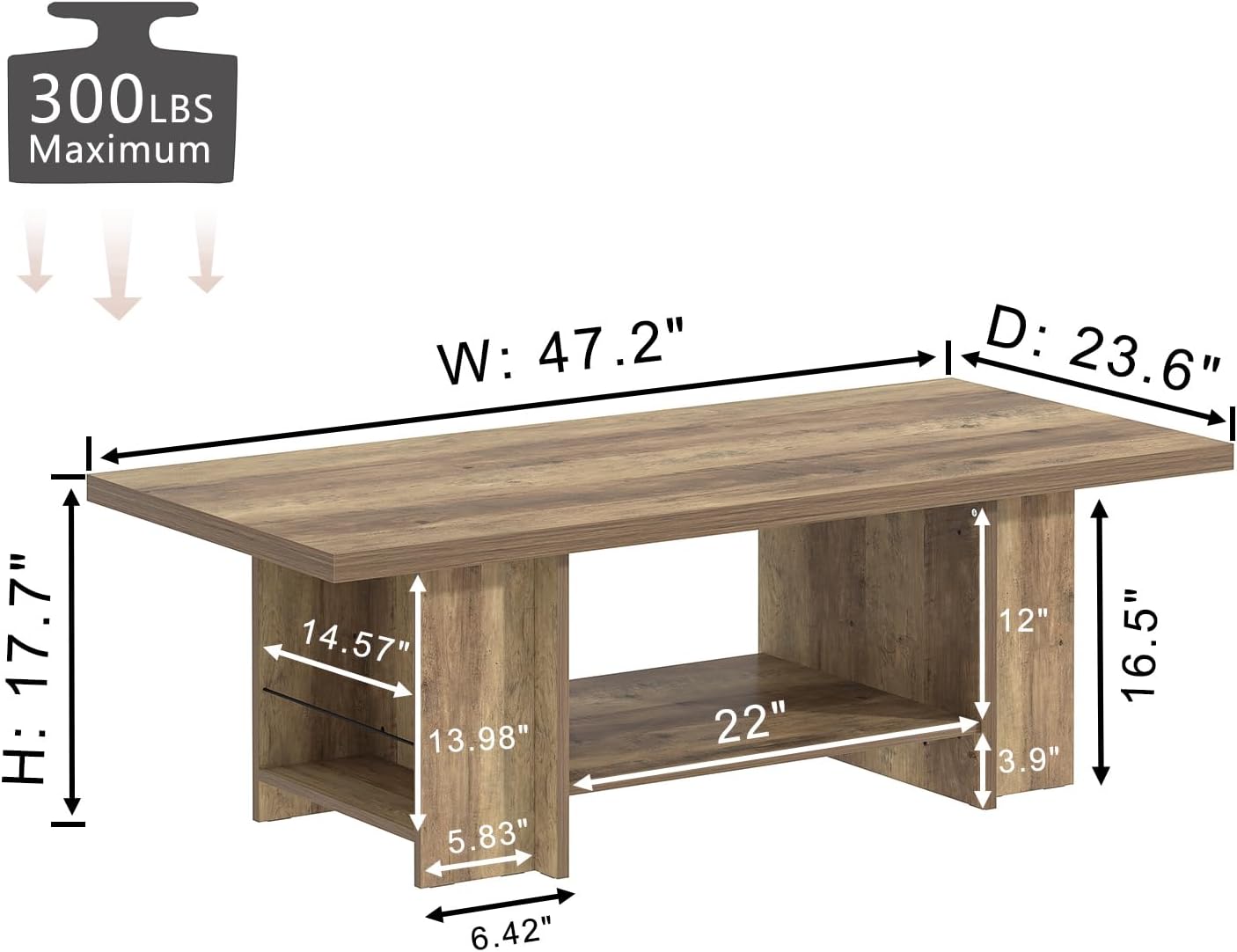FOLUBAN Wood Coffee Table, Modern Center Table for Living Room with Bottom Storage Shelf & Side Shelves, 2-Tier Rectangle Cocktail Tea Table for Home Decor, 47 Inch, Rustic Oak