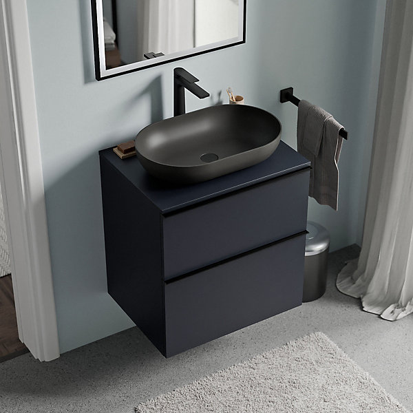 Meuble sous vasque suspendu MDF &plan vasque Bleu nuit mat, poignée Chrome - 60x46x62cm - LAVOA