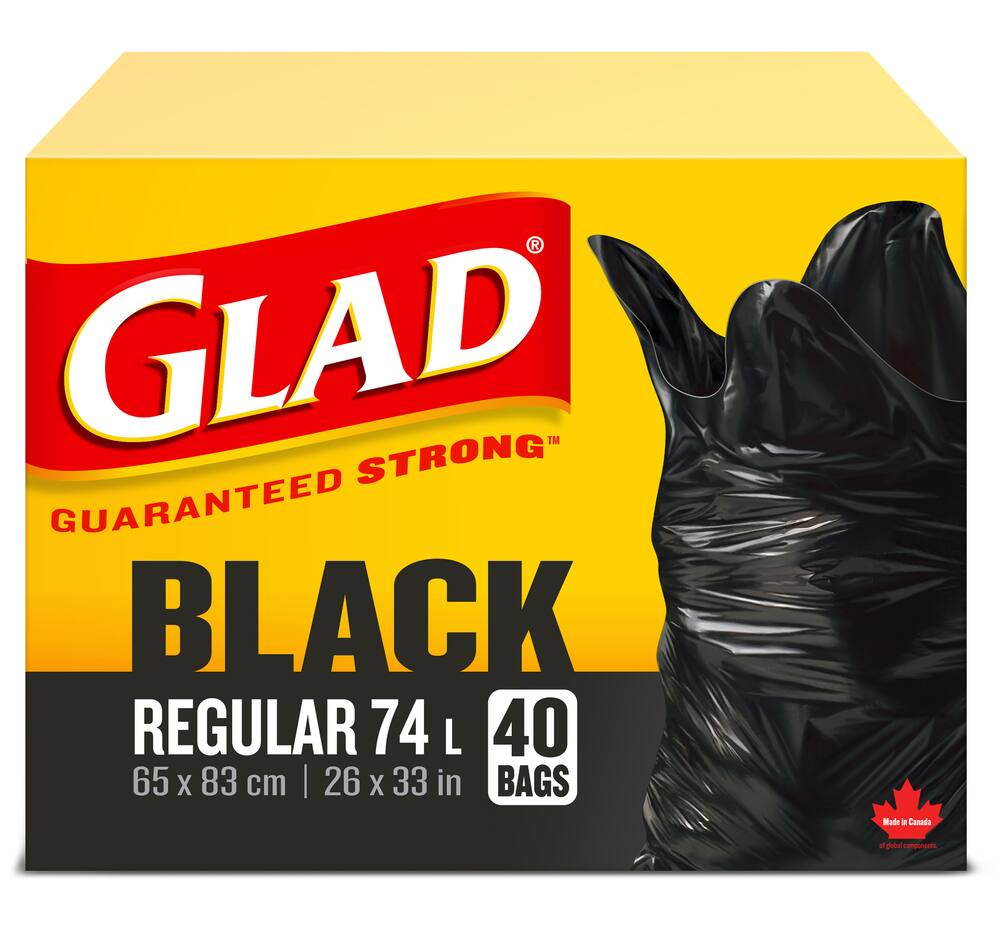 Glad Regular Easy-Tie Flap Indoor/Outdoor Garbage Bags, 40-pk, Black, 74-L