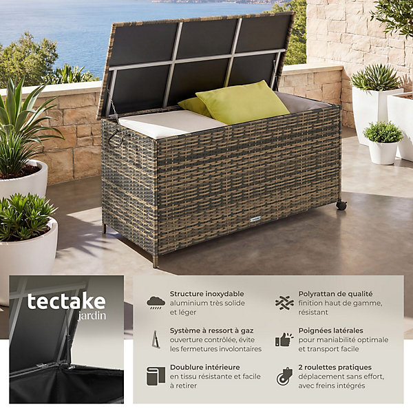 Boîte de rangement extérieure en polyrotin avec structure aluminium et roulettes, 253L marron naturel