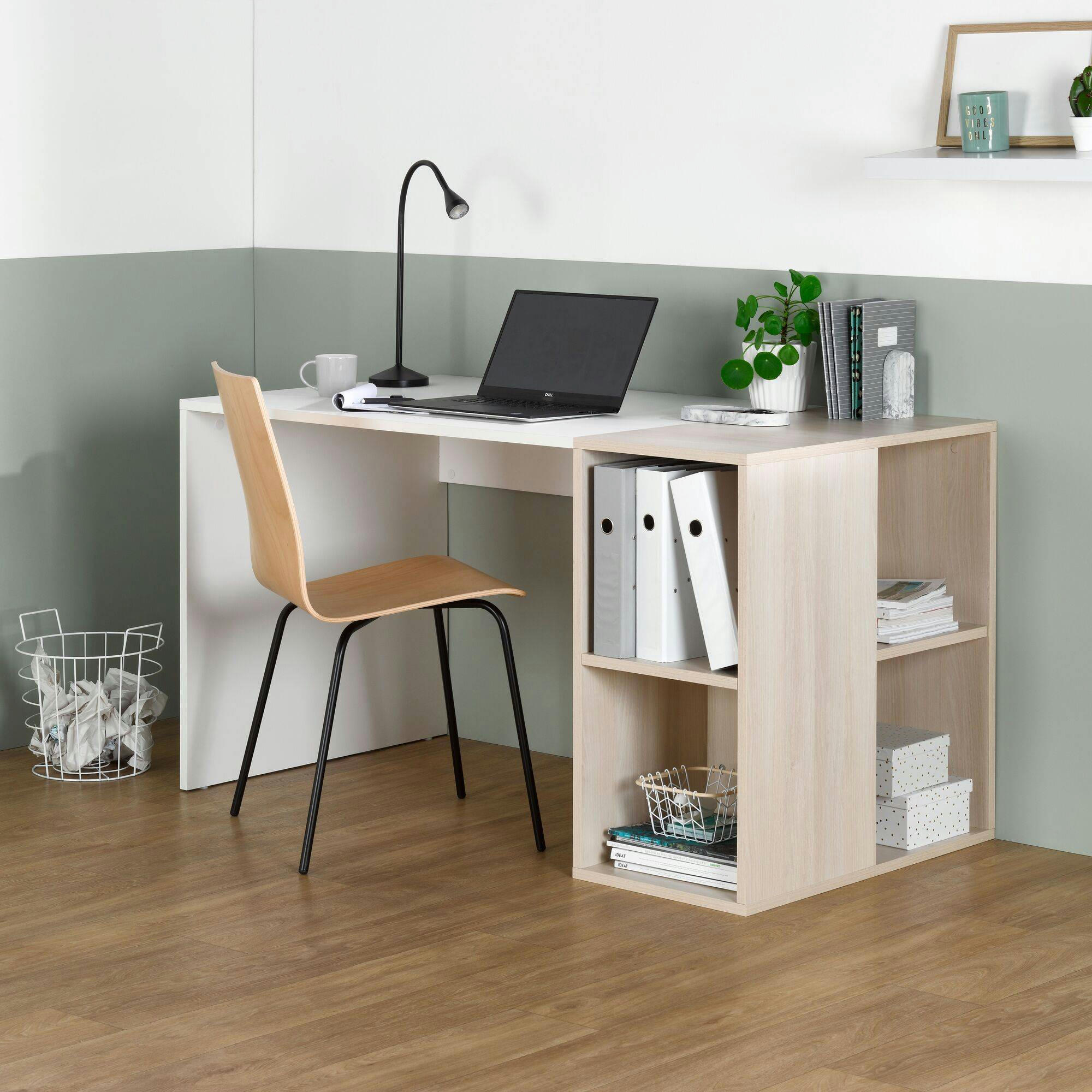 SAMMY - Bureau avec 4 niches de rangements effet bois clair et blanc