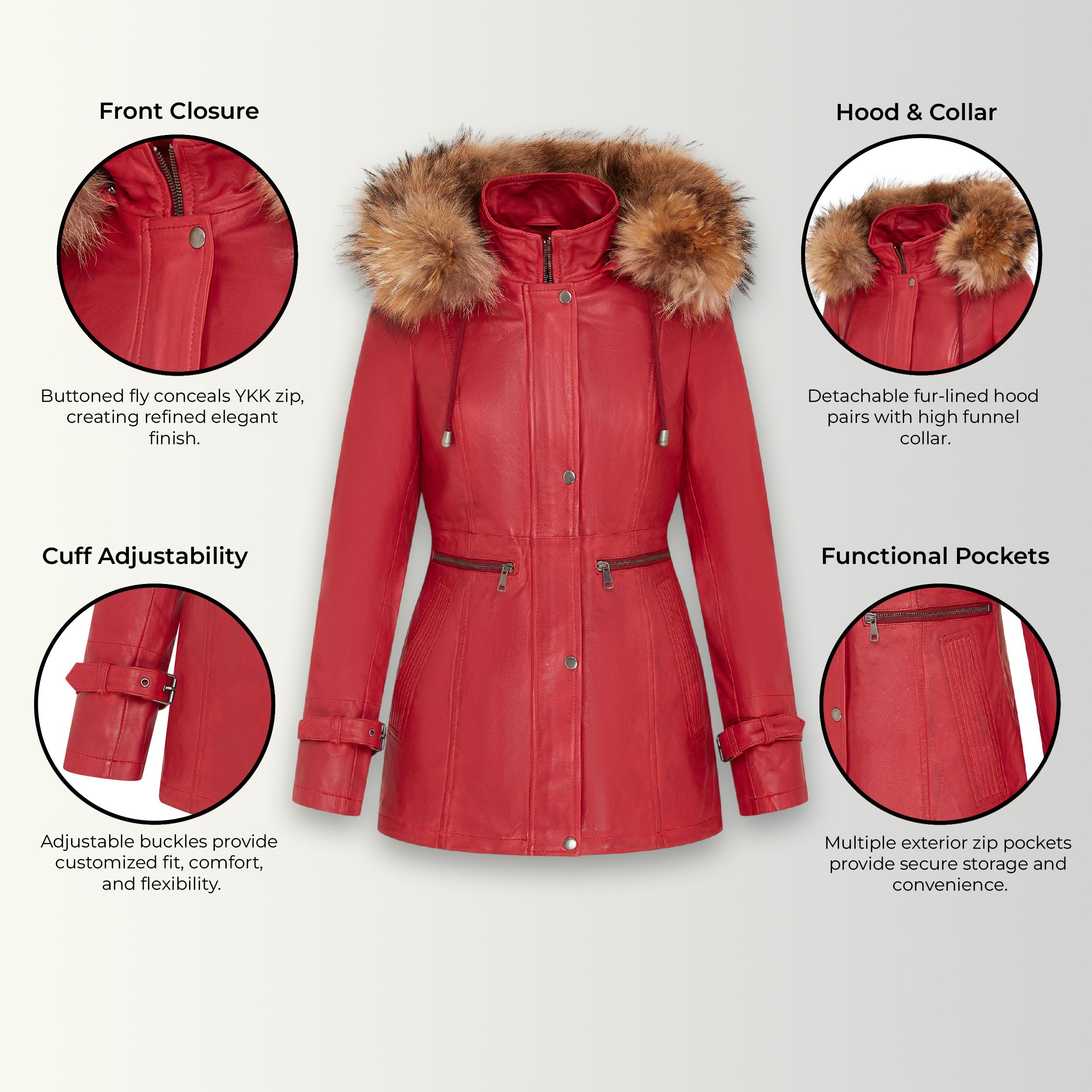 Infinity Leather Warm Leather Hooded Parka Jacket-Northwich