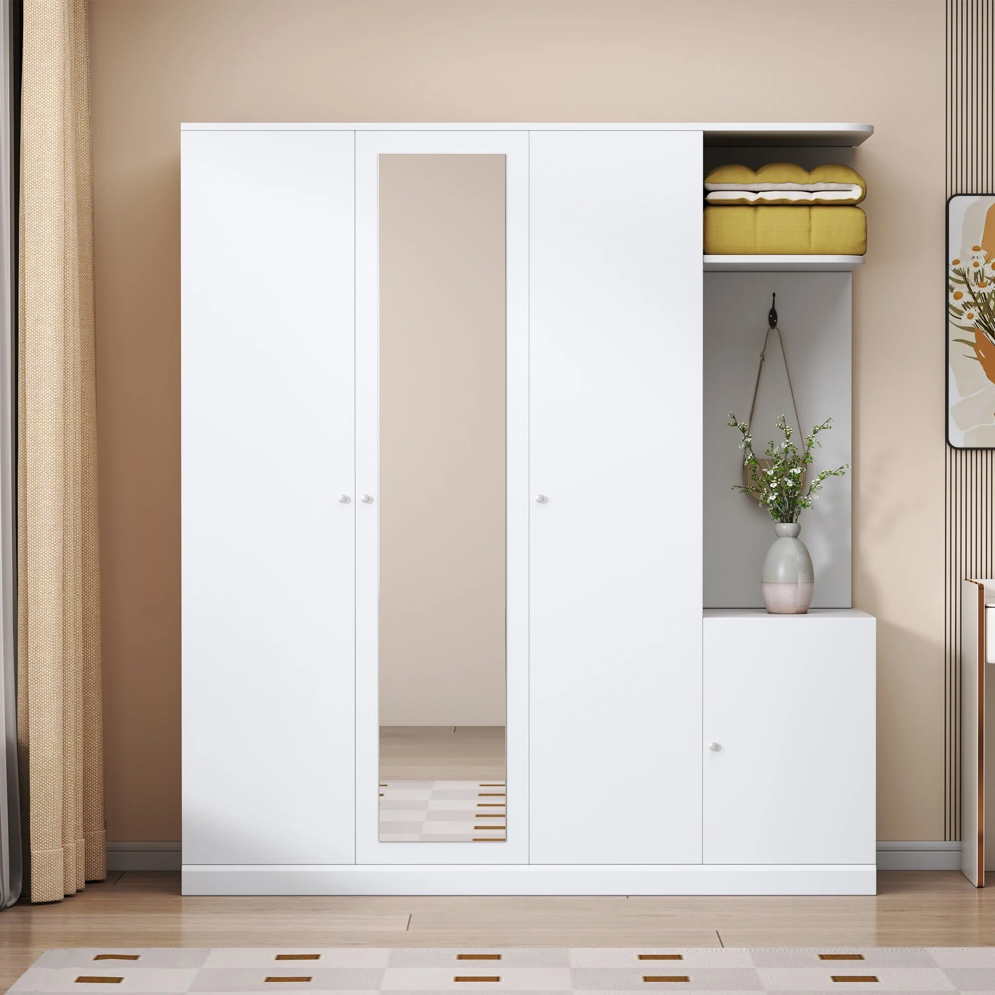 Freestanding Wardrobe with Full-Length Mirror, Shelves & Drawer, 4-Door Armoires Bedroom Storage Cabinet