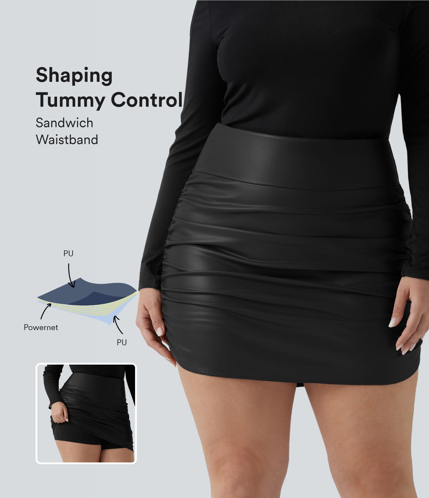 Jupe mini moulante grande taille 2-en-1 en molleton et tissu enduit taille haute gainante avec fronces et ourlet arrondi