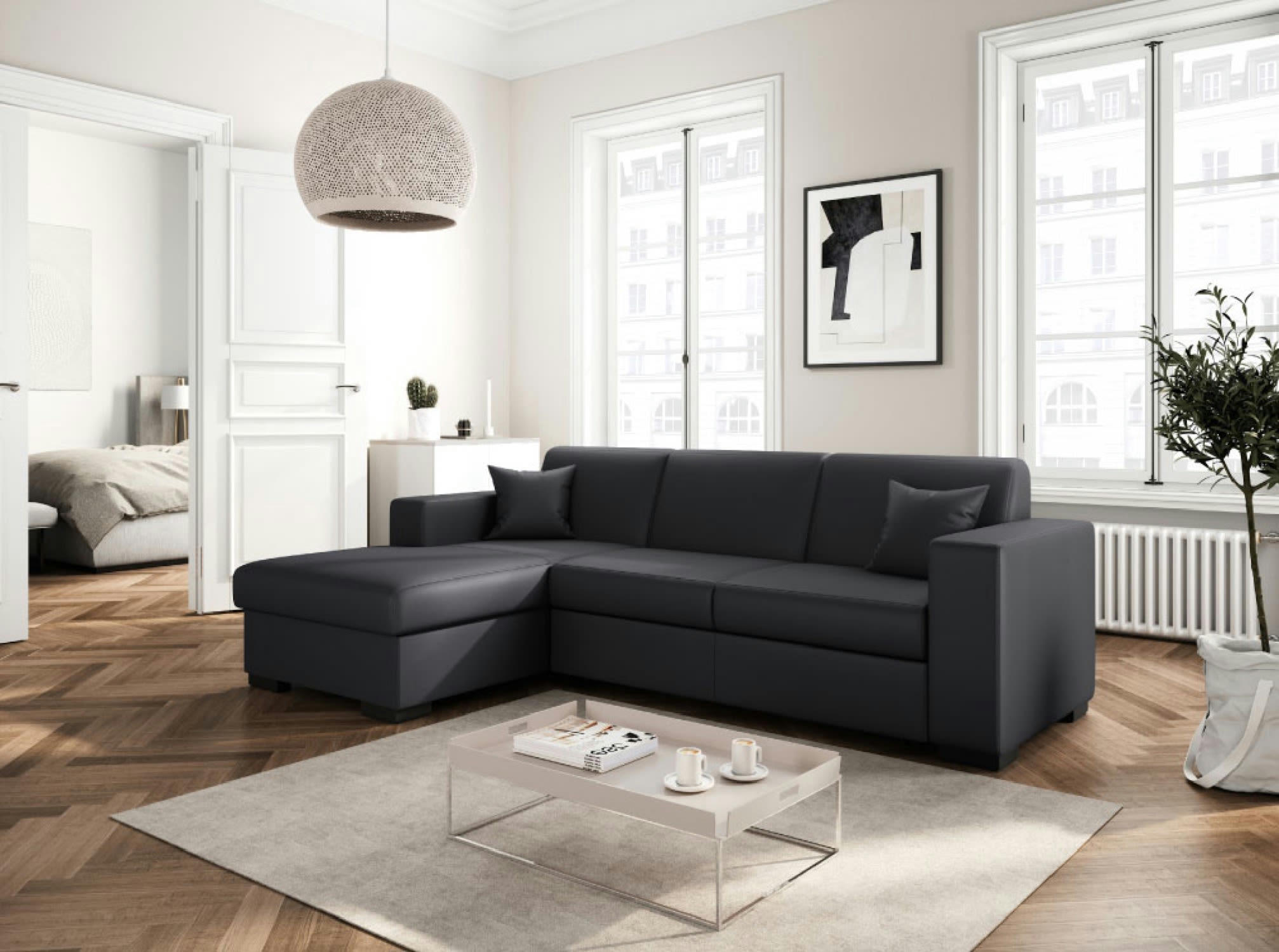 FUJI - Canapé d'angle gauche convertible en simili gris