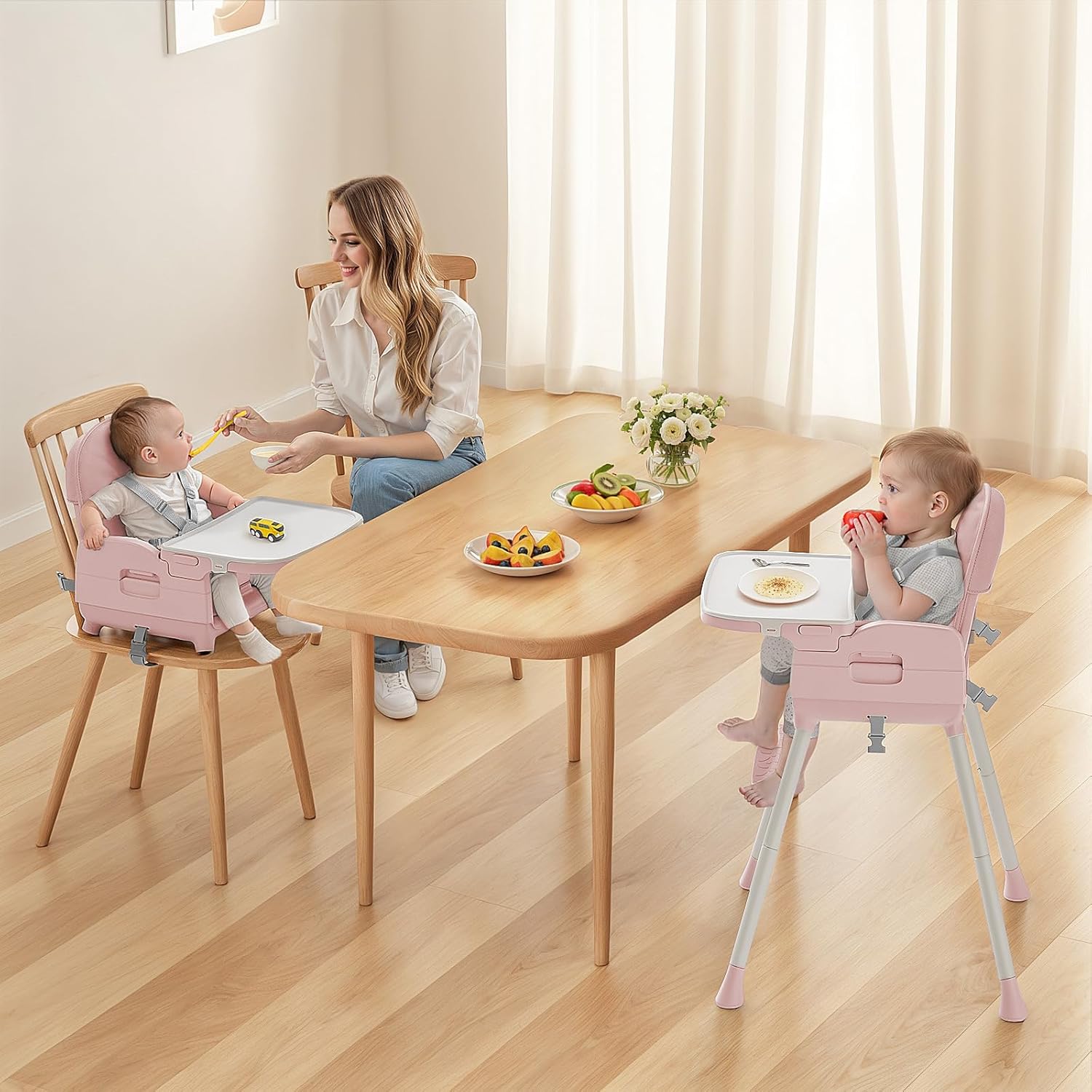 Obee Odee 3-in-1 Portable Baby High Chair for Babies and Toddlers, Convertible Easy Clean Infant Foldable Highchair with Adjustable Legs & Dishwasher Safe Tray, Pink