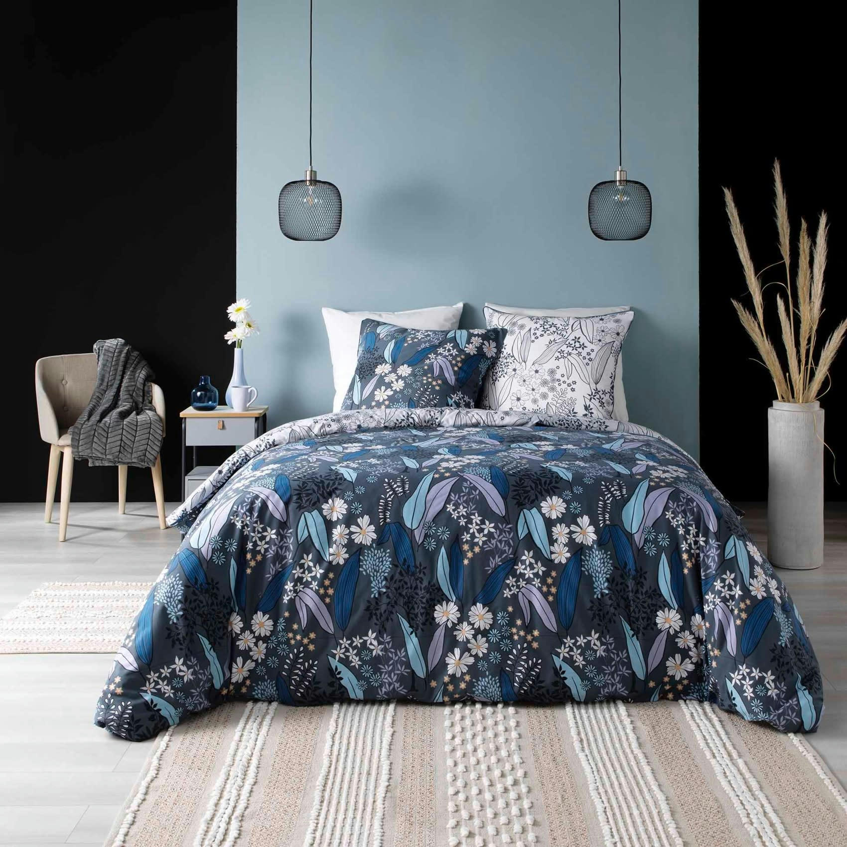 - Parure de lit fleurie en coton bio gris anthracite 240x220 cm