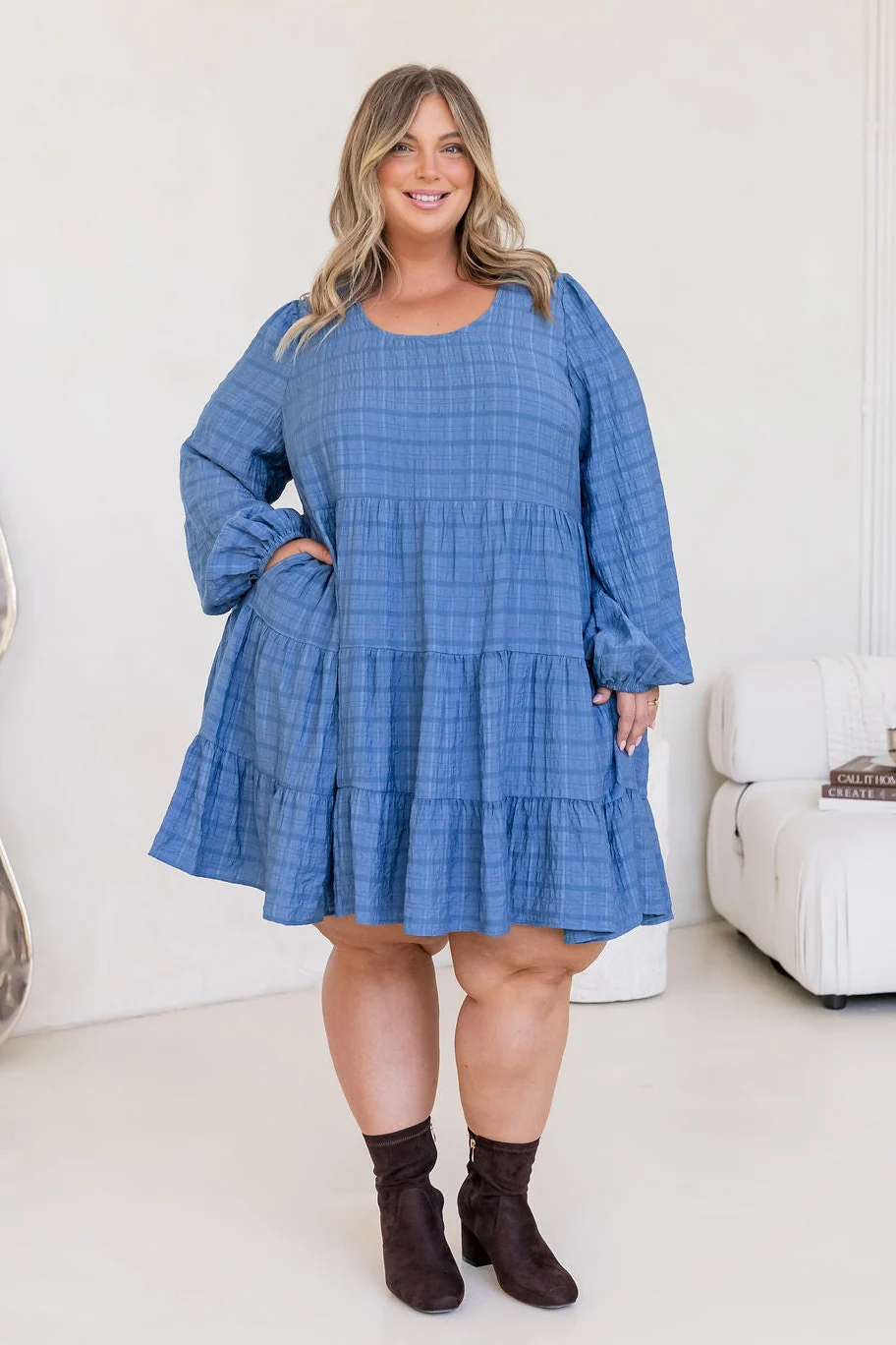Long Sleeve Greta Dress in Denim Blue