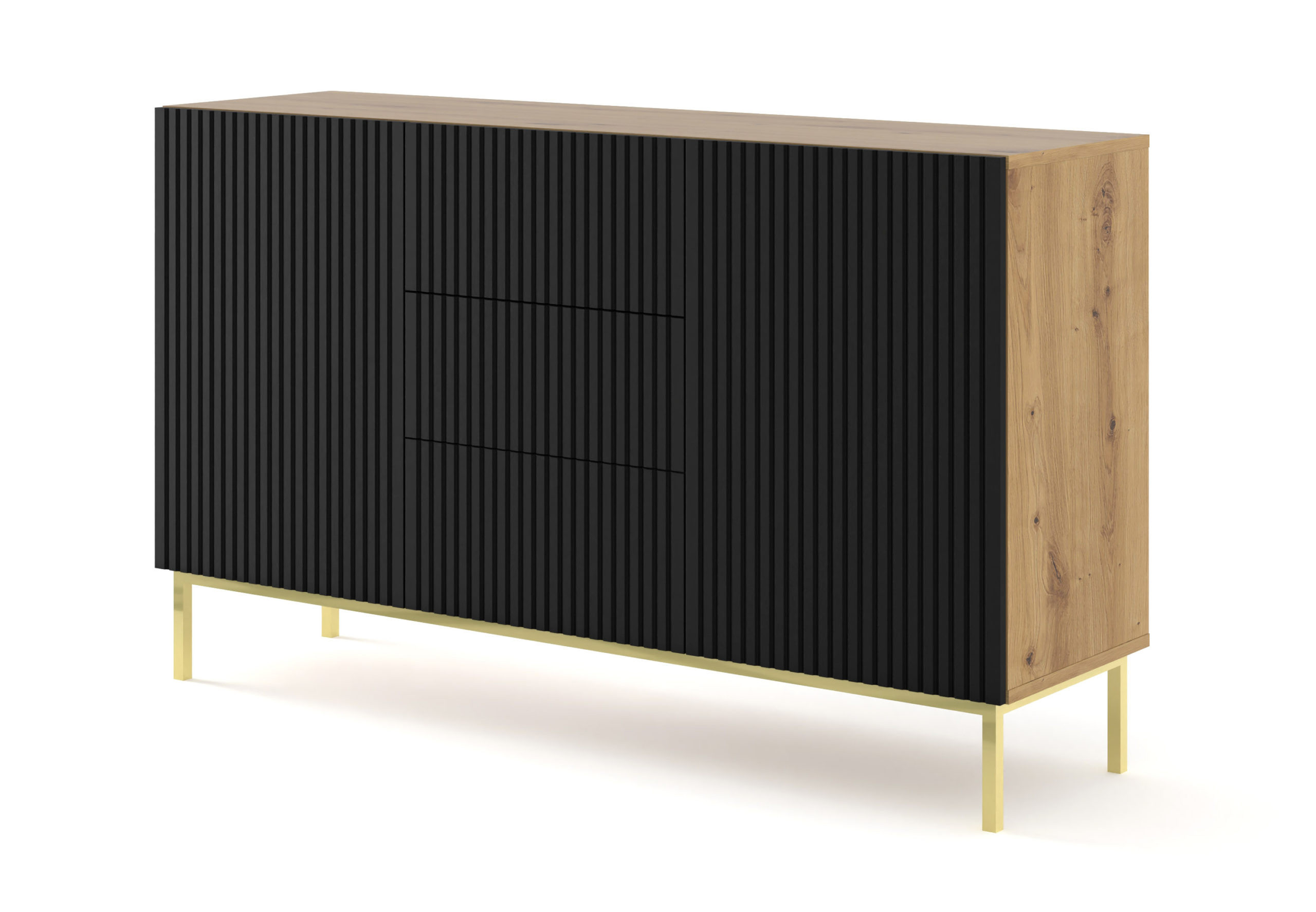 Ravenna B Komoda 150 2D3S frez MDF dąb artisan / czarny mat   RAMA ZŁOTA