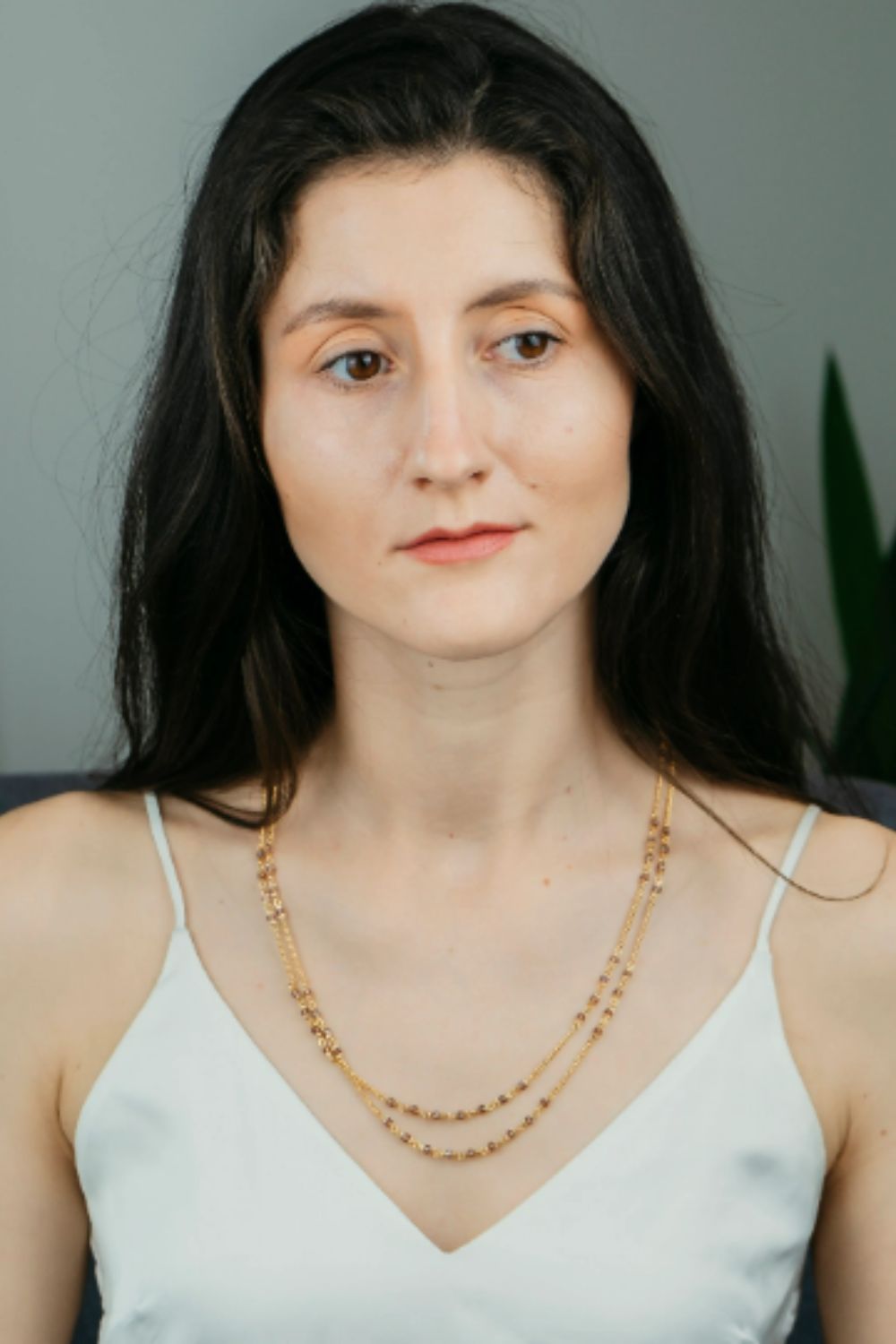 The Colourful Aura Two Strand Gold Pearl Necklace for Women , Multilayer Brass Red Pink Pearl Asian Jewellery, Thin Bohemian Stacking Dainty Chain Necklace