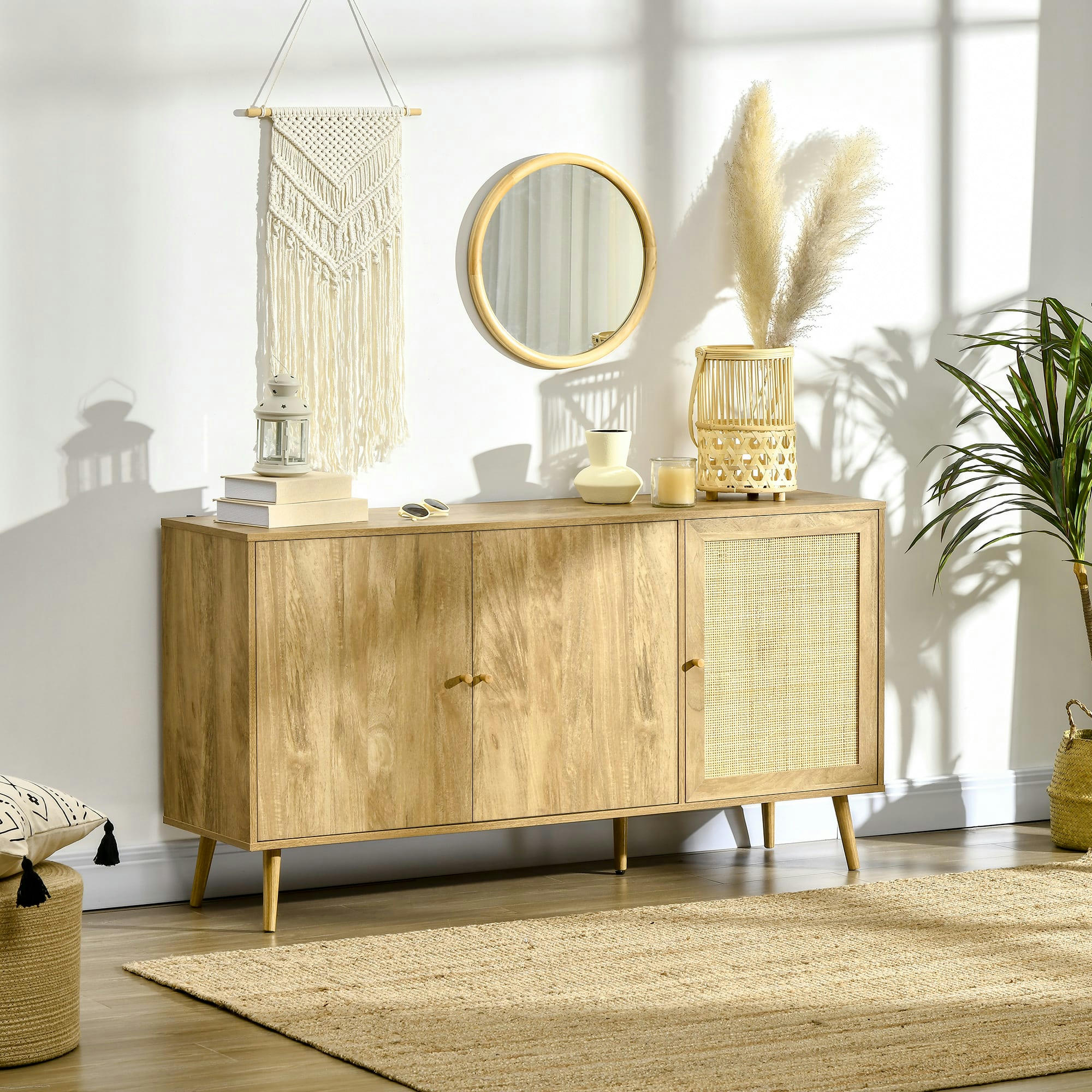 - Buffet 3 portes 3 étagères style bohème aspect bois clair cannage