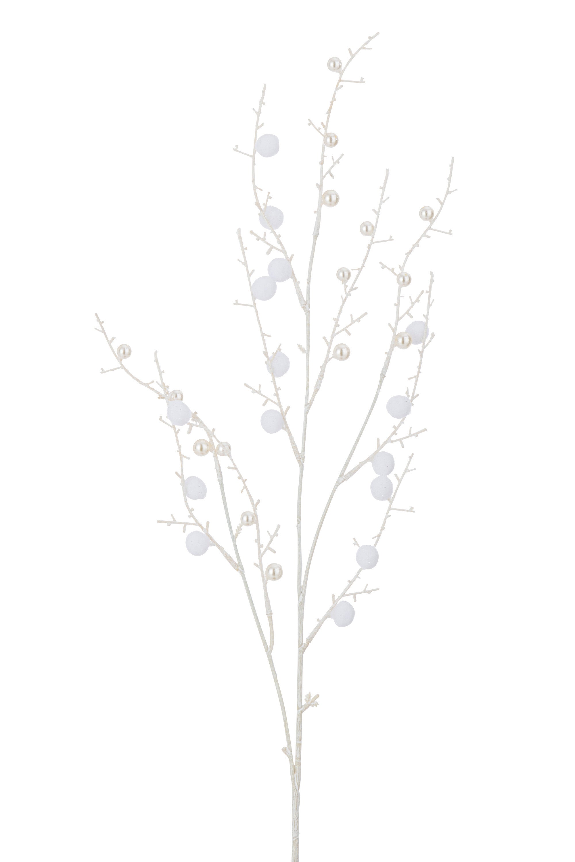 J-Line decoratie Tak Pompons + Parels - kunststof - wit - 12 stuks