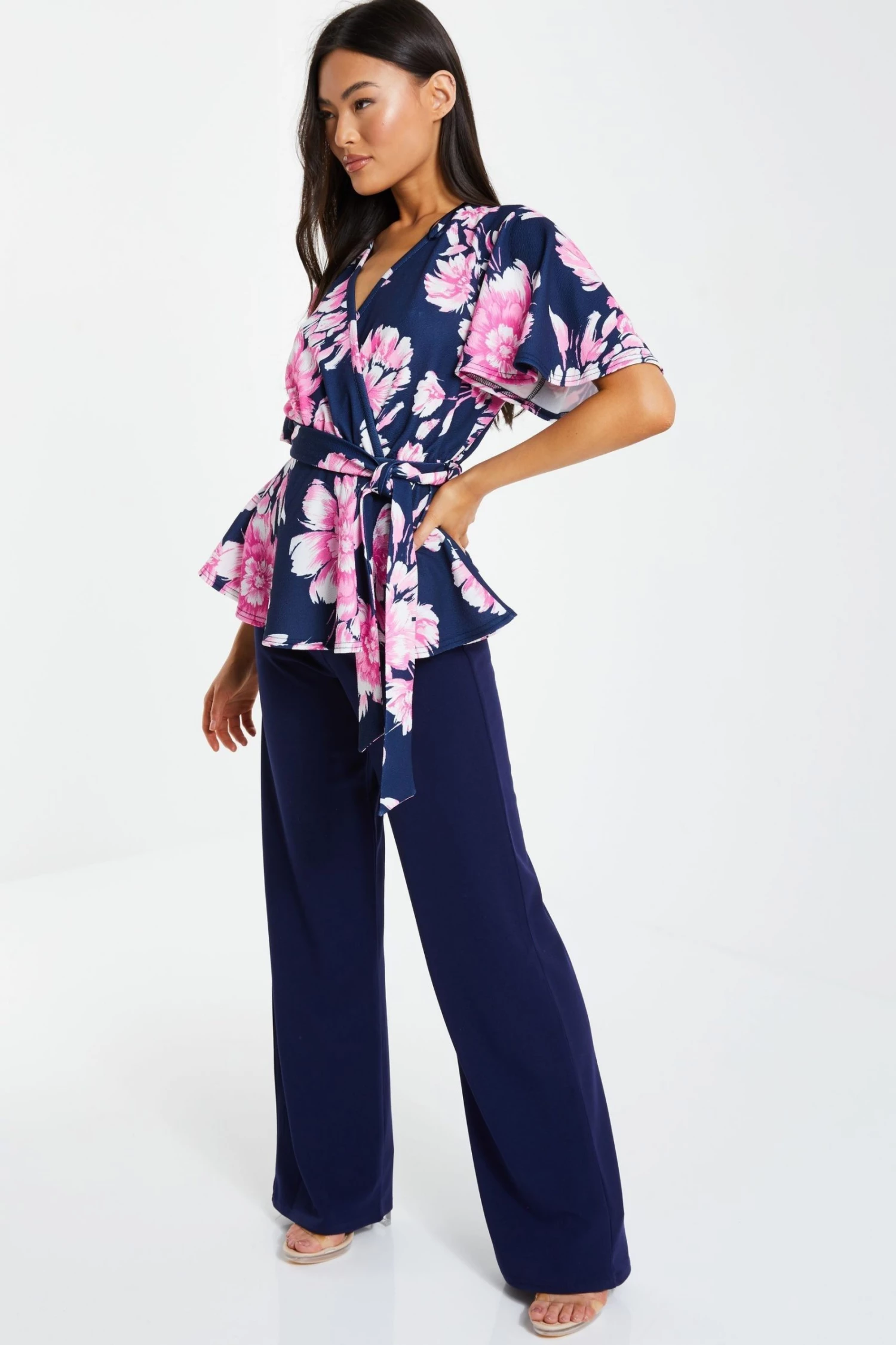 Quiz Navy & Pink Floral Wrap Peplum Top