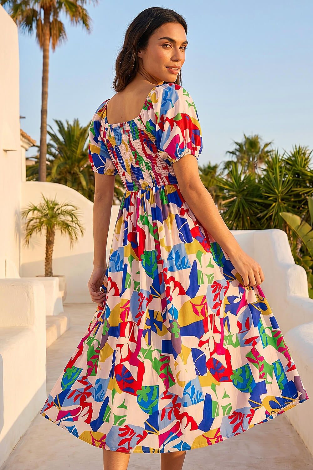 Roman Abstract Print Shirred Midi Dress