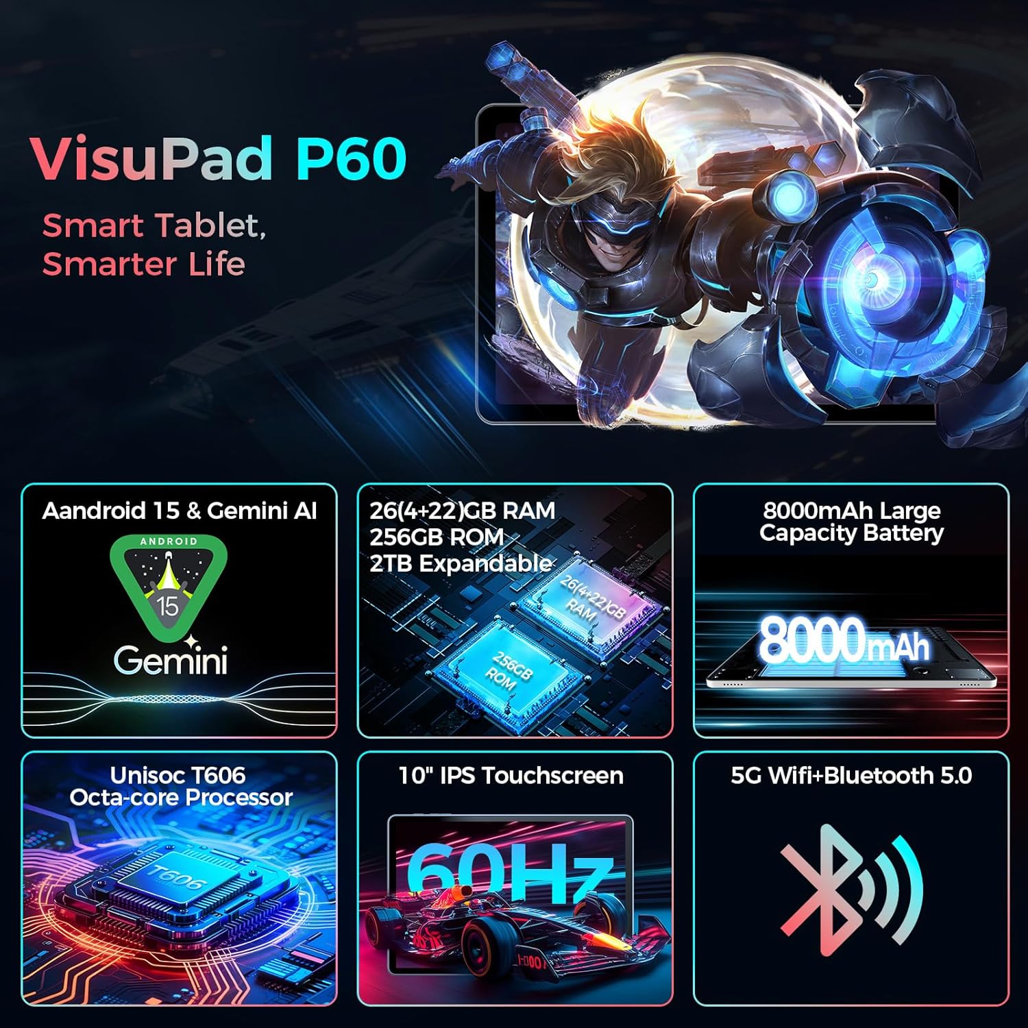 Tablet with Keyboard, 2026 Android 15 tablet with 26GB+256GB+2TB Expand, 10 Inch Tablet PC with 8-Core, Gemini AI, 5G WiFi, 8000mAh, BT5.0, GPS, Electronics Tablets with Case/Mouse/Stylus(Silver Case)